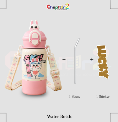 water bottle featuring skiing rabbits design and strap shown upright on a wooden table with a cozy background