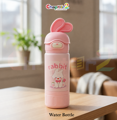 water bottle featuring rabbit bunny ears design shown upright on a wooden table with a cozy background