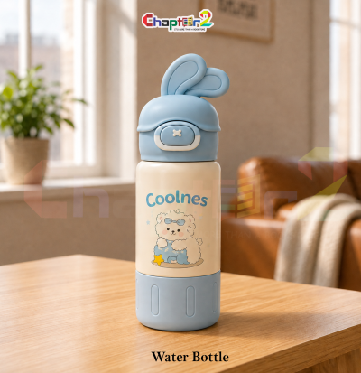 water bottle featuring coolnes bunny ears design shown upright on a wooden table with a cozy background