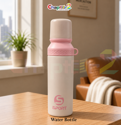 water bottle featuring pink sport design shown upright on a wooden table with a cozy background