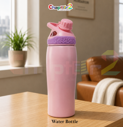 water bottle featuring the sport pink design shown upright on a wooden table with a cozy background
