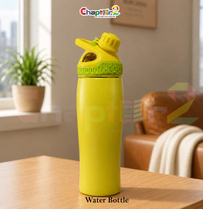 water bottle featuring the sport yellow design shown upright on a wooden table with a cozy background