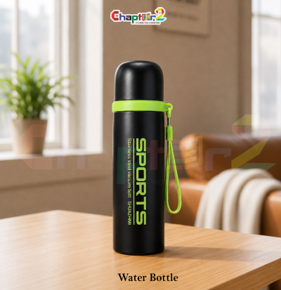 water bottle featuring sports black and lime design shown upright on a wooden table with a cozy background