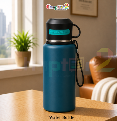 water bottle featuring healthcup lid and teal body design shown upright on a wooden table with a cozy background