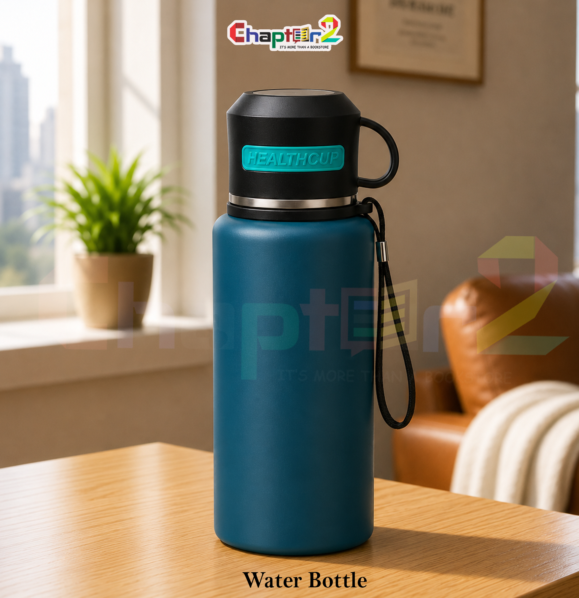 51065836 (0a) water bottle featuring healthcup lid and teal body design shown upright on a wooden table with a cozy background