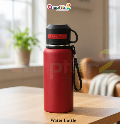 water bottle featuring healthcup lid and red body design