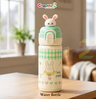 water bottle featuring lucky puppy bunny topper and plaid design shown upright on a wooden table with a cozy background