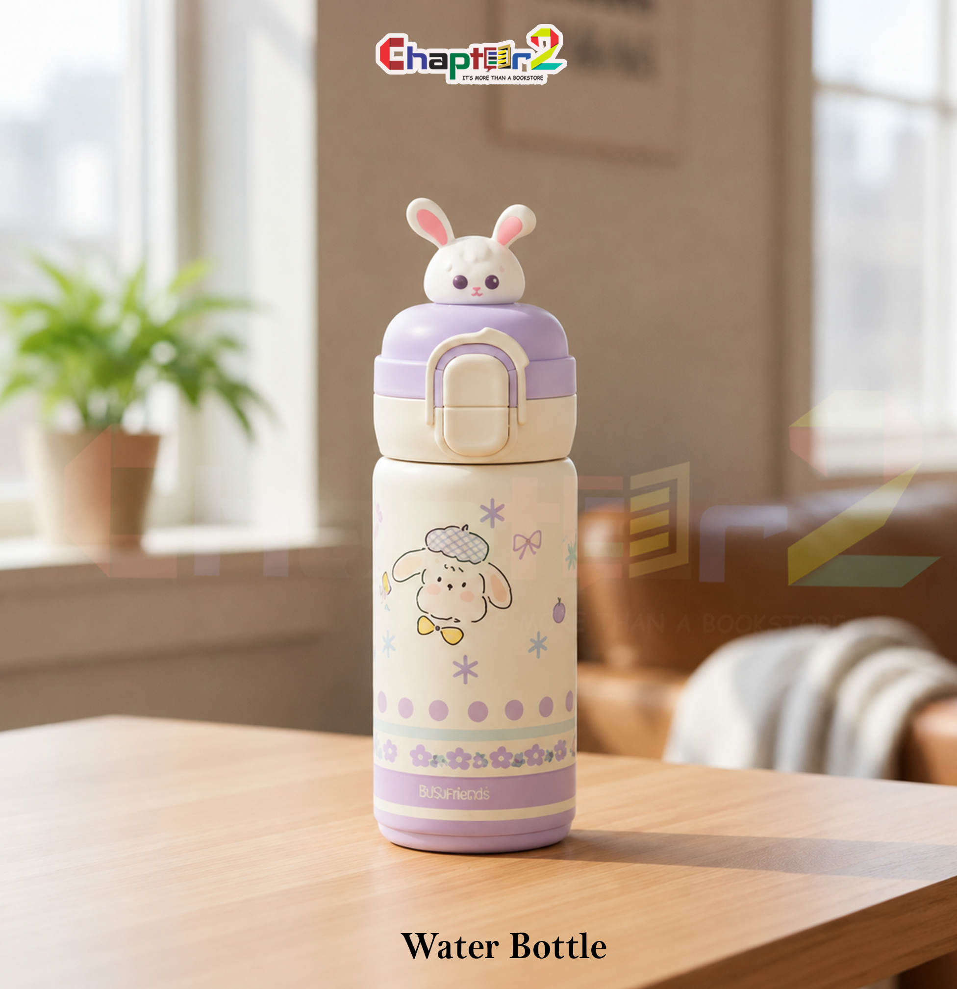 51065843 (2a) water bottle featuring busy friends puppy and bunny topper design shown upright on a wooden table with a cozy background