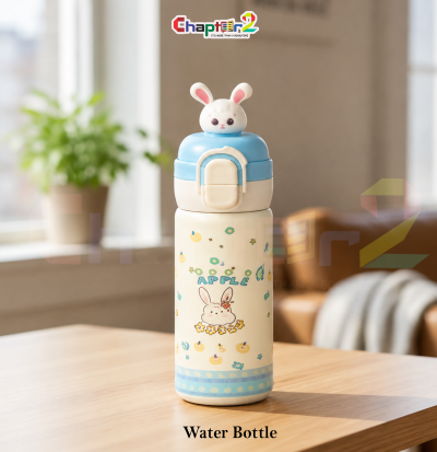 water bottle featuring apple bunny and topper design shown upright on a wooden table with a cozy background
