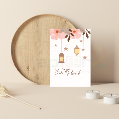 floral eid mubarak greeting card featuring pastel pink flowers and hanging lanterns