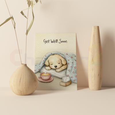 cute puppy get well soon greeting card featuring illustrated sleeping dog under blanket