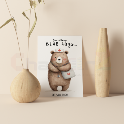 bear hugs get well soon greeting card featuring cute illustrated nurse bear with stethoscope