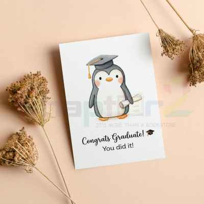 graduation greeting card featuring cute penguin wearing a mortarboard cap and holding a diploma scroll