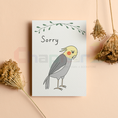 cute apologetic cockatiel bird with green leaves arch sorry greeting card