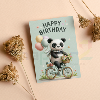 happy birthday greeting card featuring panda on bicycle and balloons design