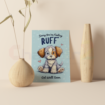 cute feeling ruff puppy get well soon greeting card featuring illustrated bandaged dog