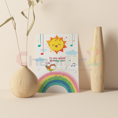 happy birthday greeting card featuring special birthday girl rainbow and sun design