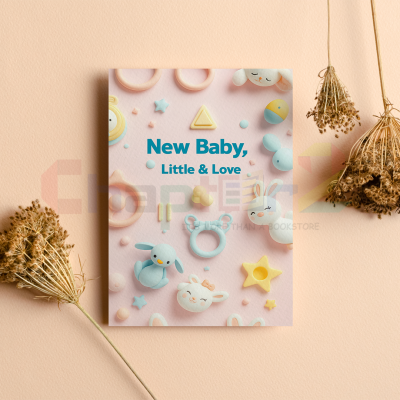 new baby greeting card featuring cute pink toys and little and love design