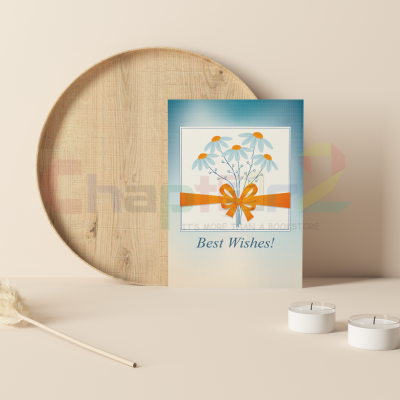 best wishes greeting card featuring blue daisies and orange ribbon design