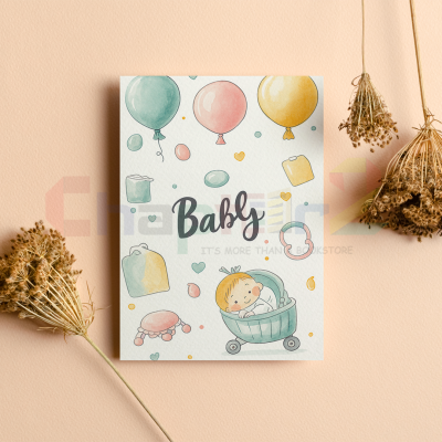 new baby greeting card featuring baby stroller and balloons design