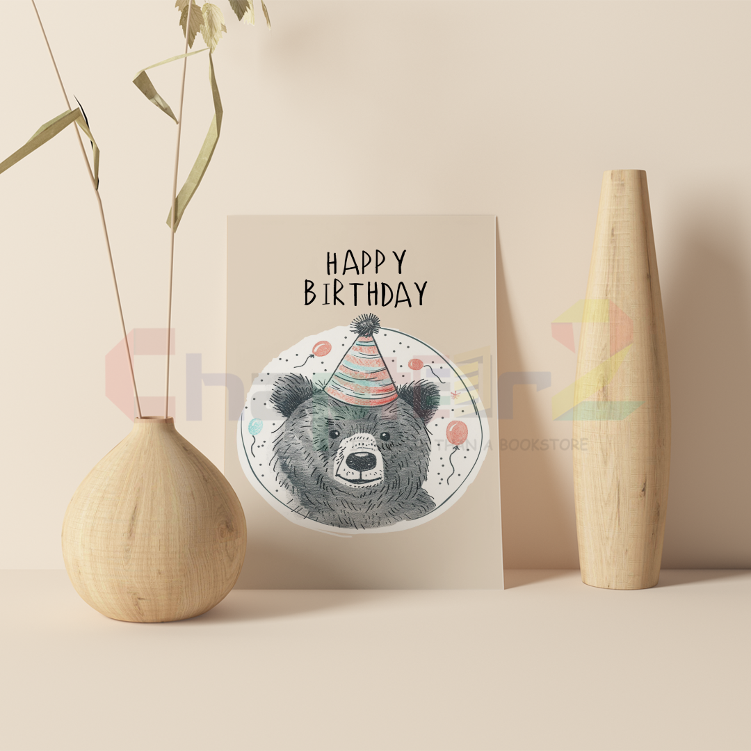 card-13d happy birthday greeting card featuring sketch style party bear design