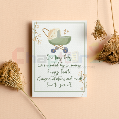 baby boy greeting card featuring one tiny baby stroller design