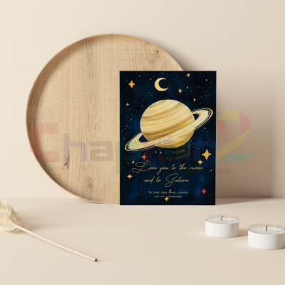 celestial i love you greeting card featuring illustrated golden saturn and crescent moon on dark blue starry