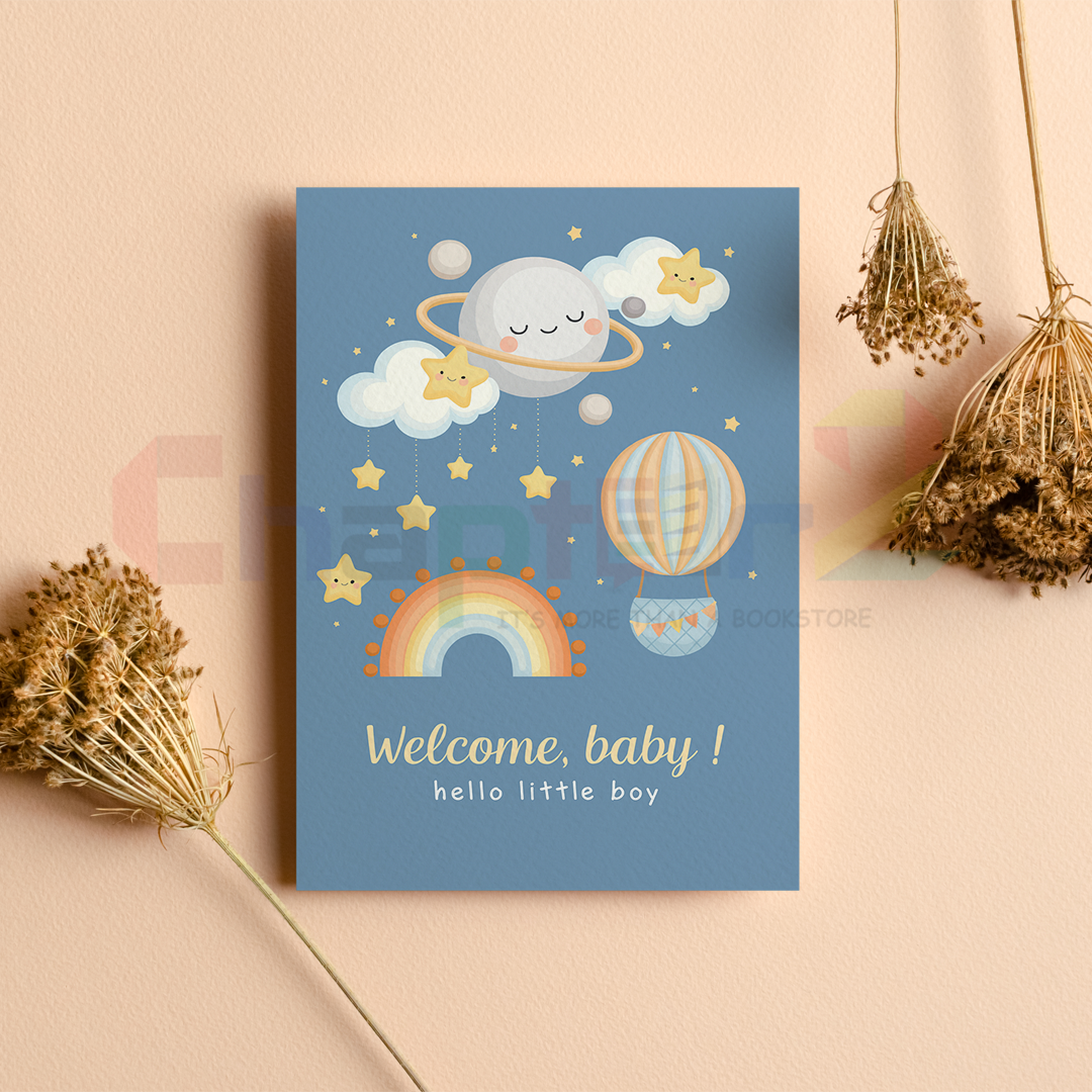 card 15d baby boy greeting card featuring welcome baby hello little boy celestial design