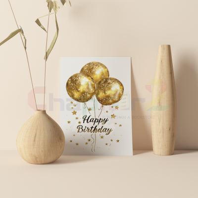 happy birthday greeting card featuring glitzy gold balloons and stars design