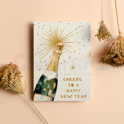popping champagne bottle with golden fireworks cheers to a happy new year greeting card