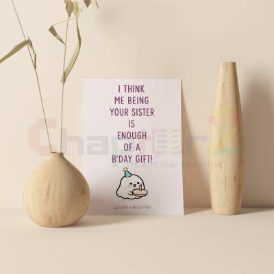 happy birthday greeting card featuring funny sister sibling joke design