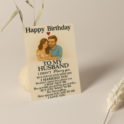 happy birthday greeting card featuring romantic couple illustration and love message for husband