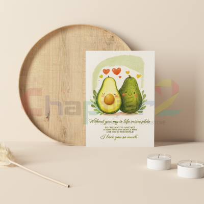 cute avocado couple i love you greeting card featuring illustrated smiling avocados with hearts
