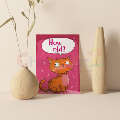 birthday greeting card featuring cute orange cat asking how old with hearts design