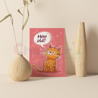 funny birthday greeting card featuring orange tabby cat asking how old and vibrant pink design