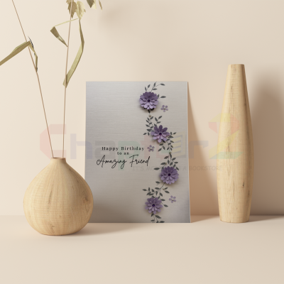 elegant birthday greeting card for friend featuring 3D purple floral vine design