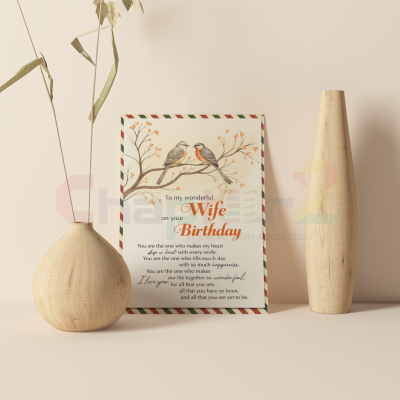 romantic birthday greeting card for wife featuring lovebirds and poetic message