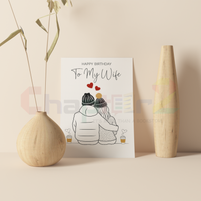 happy birthday greeting card featuring cozy couple in beanies and glitter hearts design