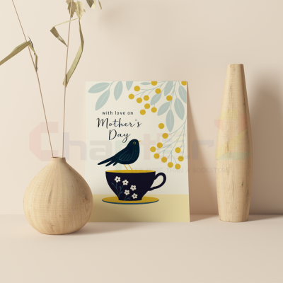 botanical teacup with blackbird and golden berries with love on mothers day greeting card