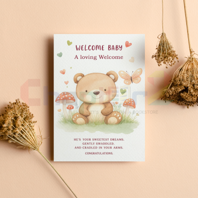 new baby greeting card featuring welcome baby teddy bear and mushrooms design