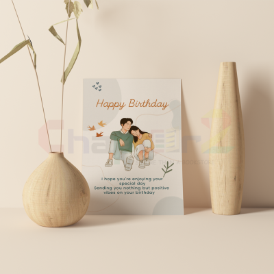 romantic couple happy birthday greeting card featuring cozy illustration