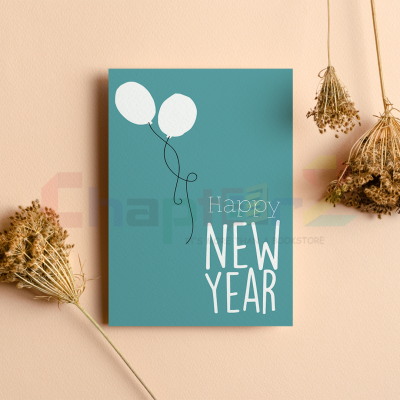 minimalist teal blue happy new year greeting card with floating white balloons
