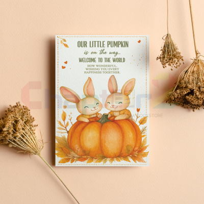 new baby greeting card featuring our little pumpkin autumn bunny design