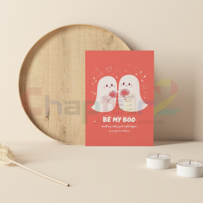 cute be my boo ghost couple i love you greeting card featuring illustrated ghosts holding flowers
