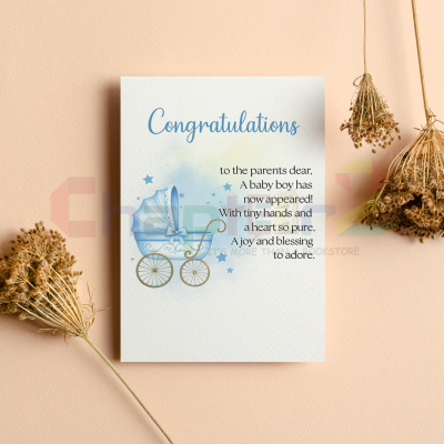 baby boy greeting card featuring congratulations baby carriage design