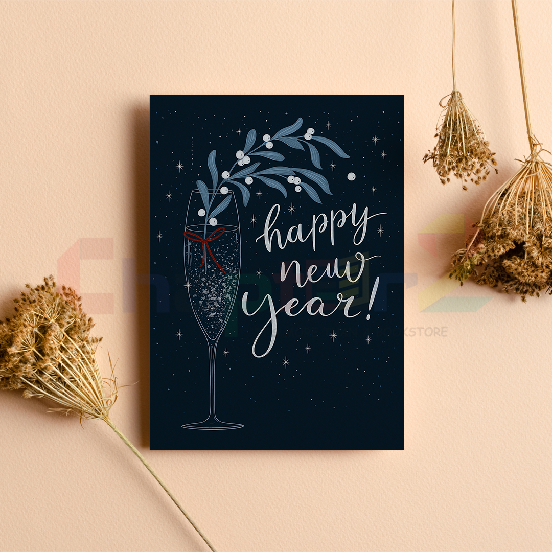 card 5d midnight navy blue happy new year greeting card with illustrated sparkling champagne glass and mistletoe