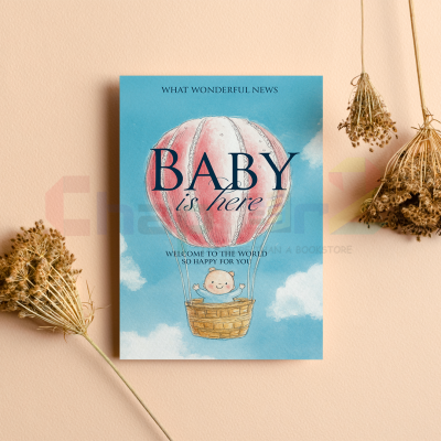new baby greeting card featuring baby is here hot air balloon design