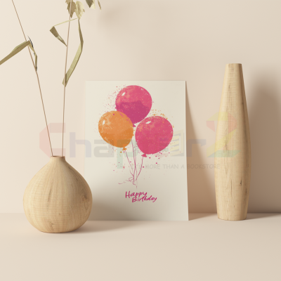 happy birthday greeting card featuring watercolor pink and orange balloons design