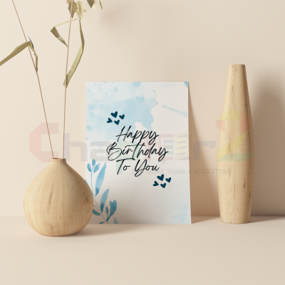 happy birthday greeting card featuring blue watercolor leaves and hearts design