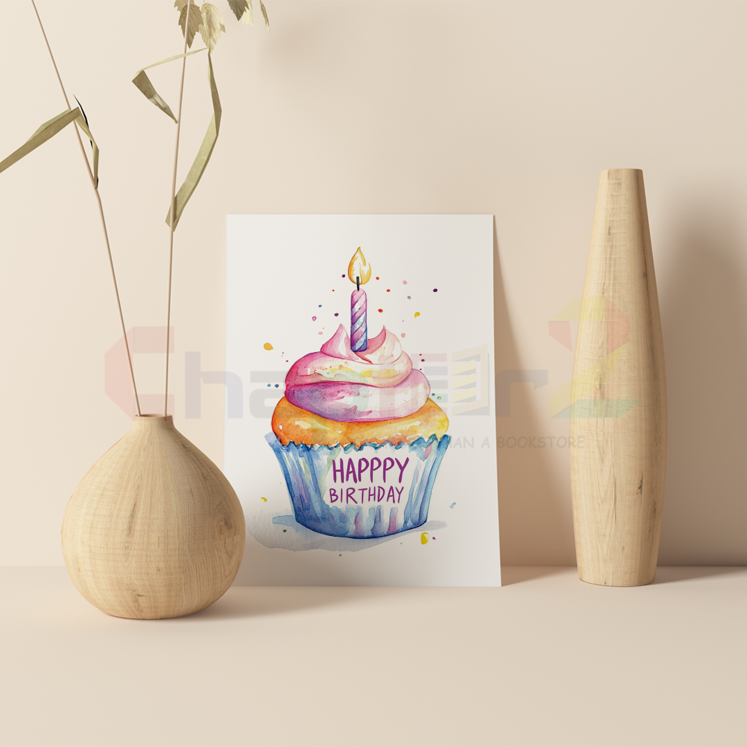 card-8d happy birthday greeting card featuring watercolor cupcake and candle design